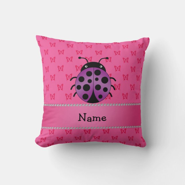 Personalised name purple ladybug pink butterflies cushion (Front)