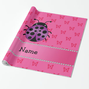 Personalised name purple ladybug pink butterflies wrapping paper