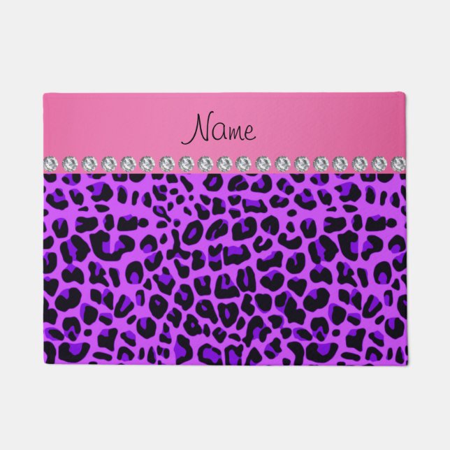 Personalised name purple leopard pink stripe doormat (Front)