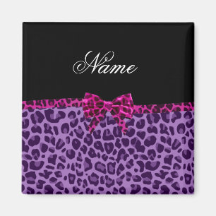 Personalised name purple leopard print pink bow magnet