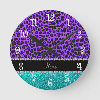 Personalised name purple leopard turquoise glitter round clock