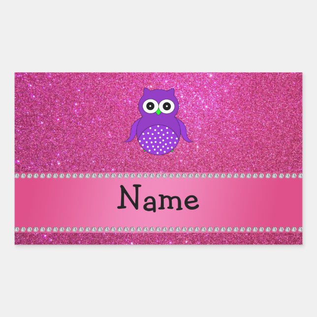 Personalised name purple owl pink glitter rectangular sticker (Front)