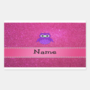 Personalised name purple owl pink glitter rectangular sticker