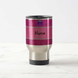 Personalised name purple owl pink glitter travel mug