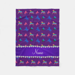Personalised name purple patterned horses fleece blanket