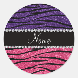 Personalised name purple pink glitter zebra stripe classic round sticker