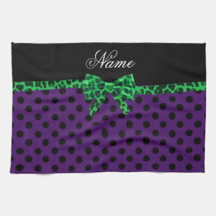 Personalised name purple polka dots green bow tea towel