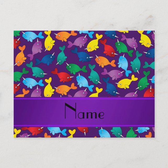 Personalised name purple rainbow narwhals postcard (Front)