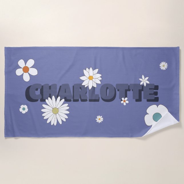 Personalised Name Purple Retro Style Flowers Beach Towel (Front)