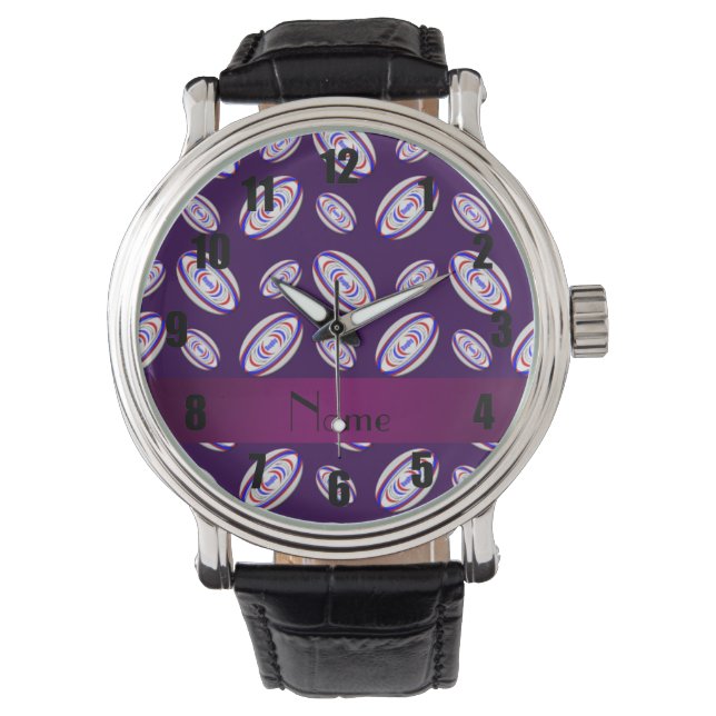 Personalised name purple rugby balls watch (Front)
