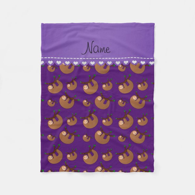Personalised name purple sloth pattern fleece blanket (Front)