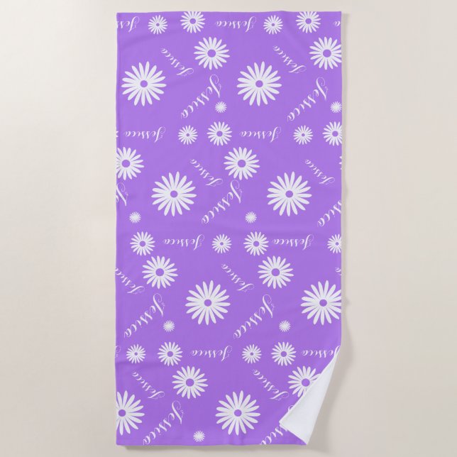 Personalised name purple typographic white flowers beach towel (Front)