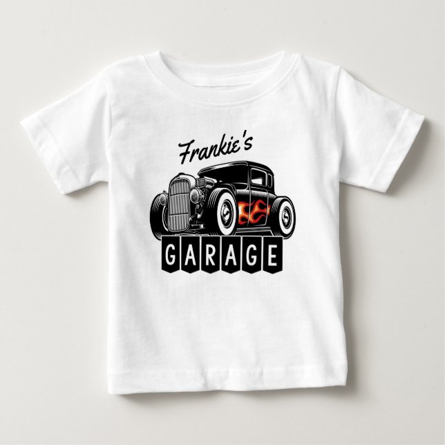 Personalised NAME Racing Flames Hot Rod Garage Baby T-Shirt (Front)