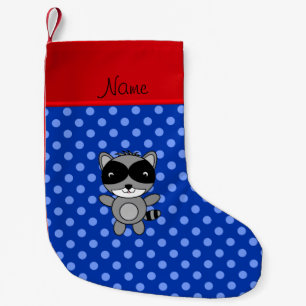 Personalised name racoon blue polka dots small christmas stocking