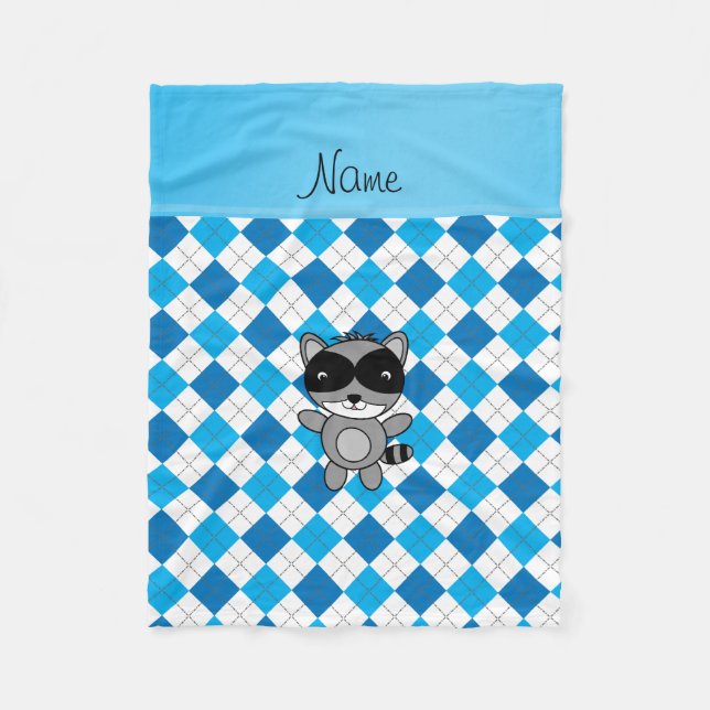 Personalised name racoon blue white argyle fleece blanket (Front)