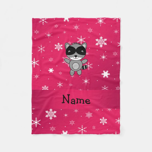 Personalised name racoon pink snowflakes fleece blanket (Front)