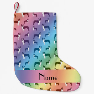Personalised name rainbow boston terrier small christmas stocking