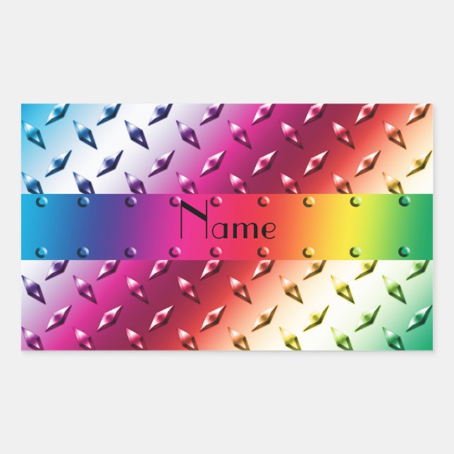 Personalised name rainbow diamond plate steel rectangular sticker (Front)
