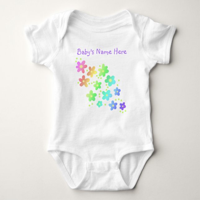 Personalised Name Rainbow Flowers Baby Bodysuit (Front)