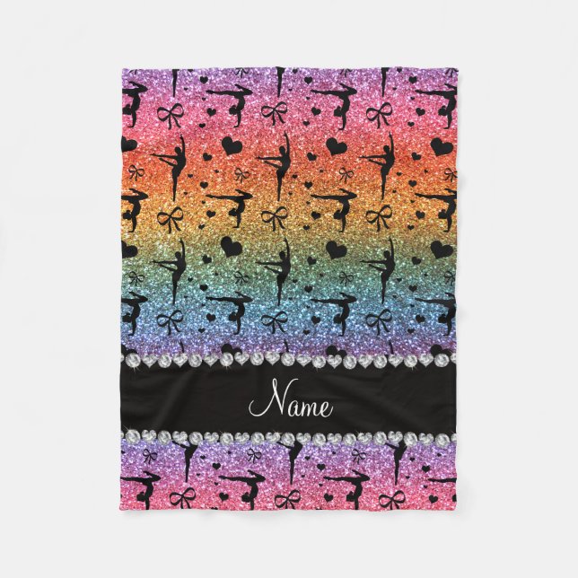 Personalised name rainbow glitter gymnastics fleece blanket (Front)