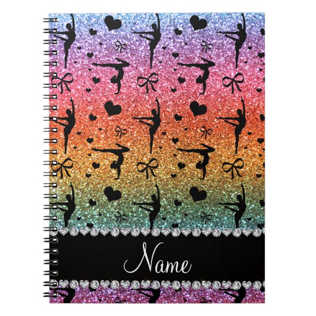 Personalised name rainbow glitter gymnastics spiral notebook (Front)