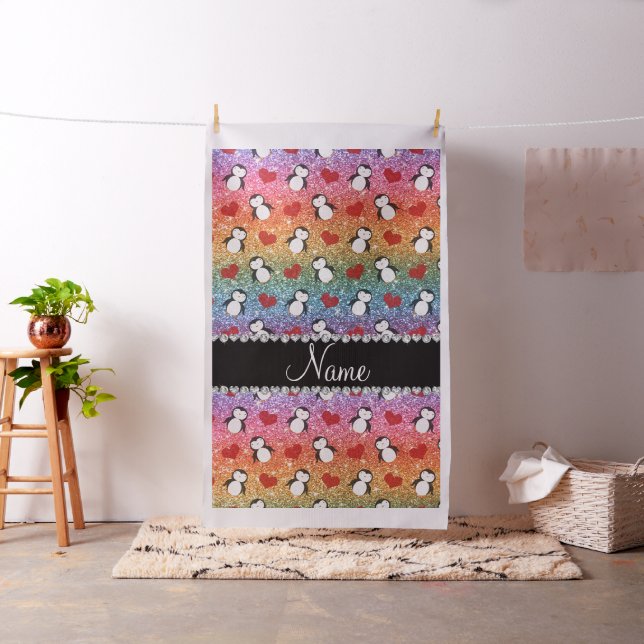 Personalised name rainbow glitter penguins hearts fabric (In Situ)