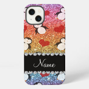 Personalised name rainbow glitter penguins hearts iPhone 13 case
