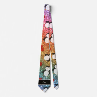 Personalised name rainbow glitter penguins hearts tie
