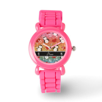 Personalised name rainbow glitter penguins hearts watch