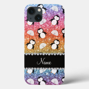 Personalised name rainbow glitter penguins igloos iPhone 13 case