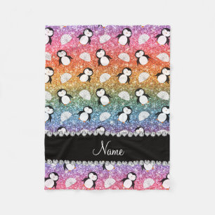 Personalised name rainbow glitter penguins igloos fleece blanket