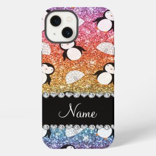 Personalised name rainbow glitter penguins igloos iPhone 13 case