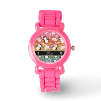 Personalised name rainbow glitter penguins igloos watch
