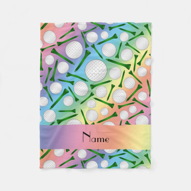 Personalised name rainbow golf balls tees fleece blanket (Front)