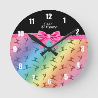 Personalised name rainbow gymnastics pink bow round clock