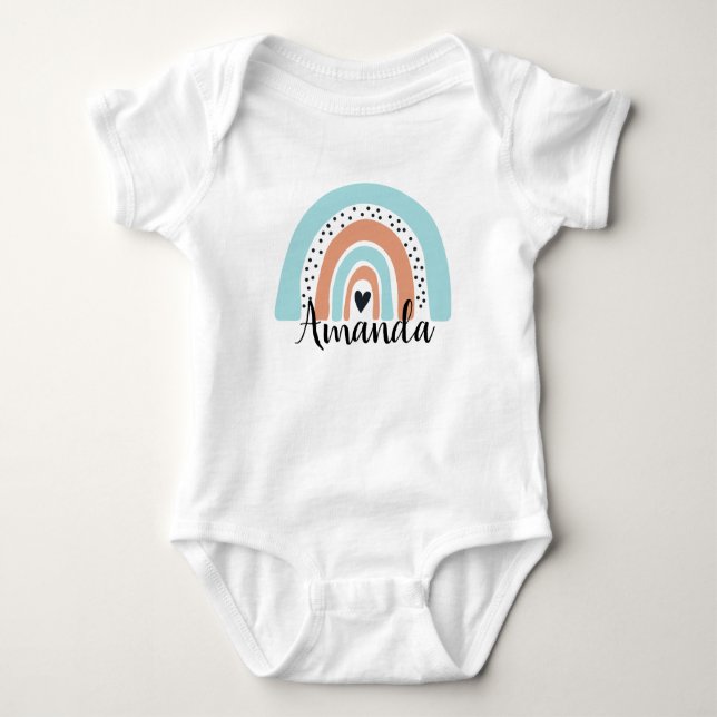 Personalised Name Rainbow Heart Blue Peach Baby Bodysuit (Front)