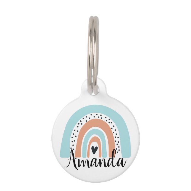 Personalised Name Rainbow Heart Blue Peach Pet Tag (Front)