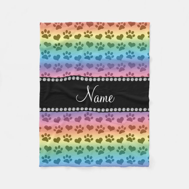 Personalised name rainbow hearts and paw prints fleece blanket (Front)