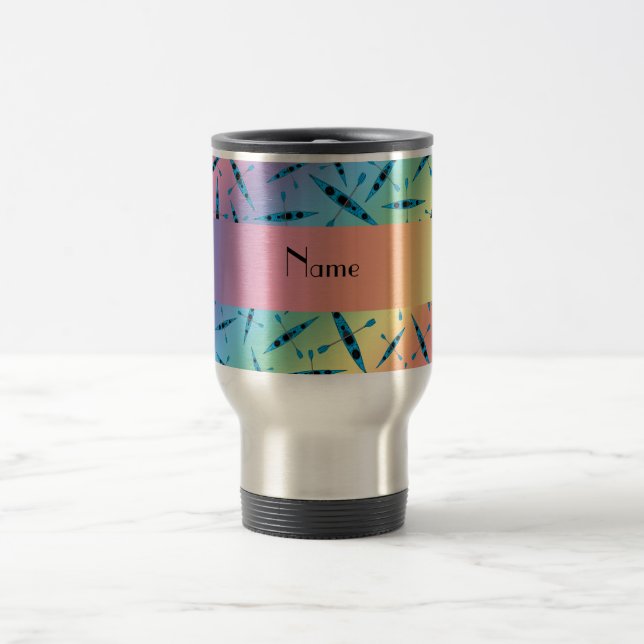 Personalised name rainbow kayaks travel mug (Center)