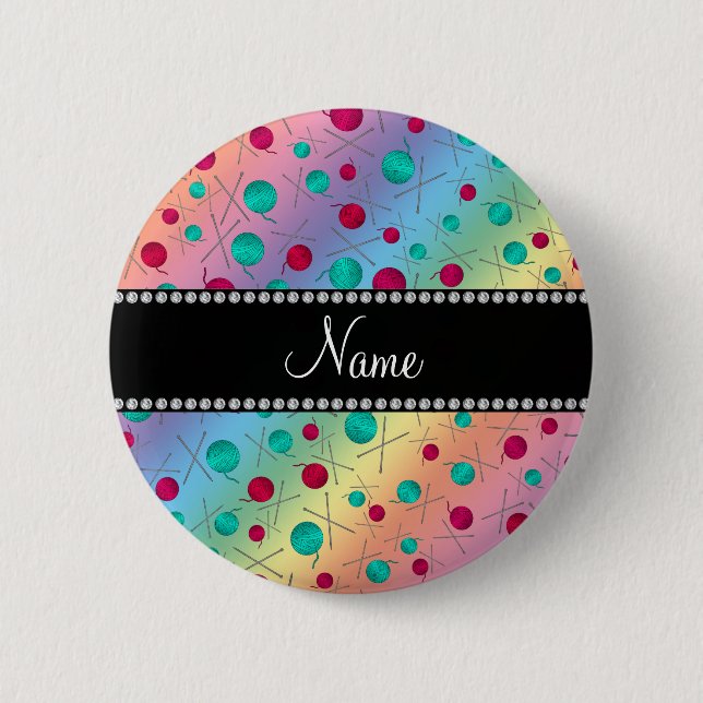 Personalised name rainbow knitting pattern 6 cm round badge (Front)