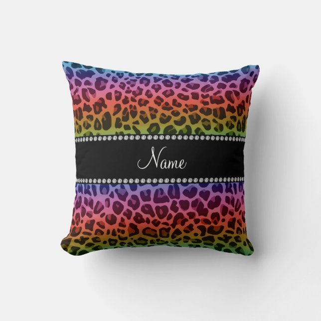 Personalised name rainbow leopard pattern cushion (Front)