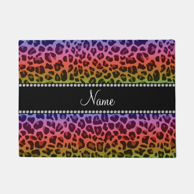 Personalised name rainbow leopard pattern doormat (Front)