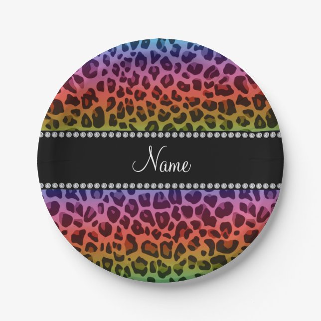 Personalised name rainbow leopard pattern paper plate (Front)