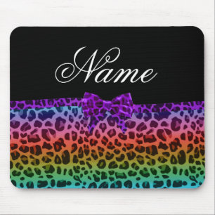 Personalised name rainbow leopard print purple bow mouse pad