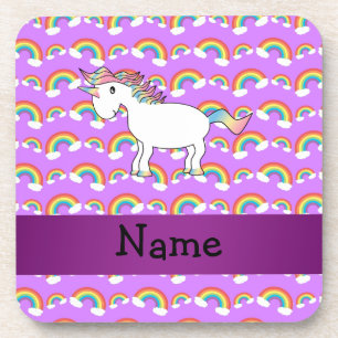 Personalised name rainbow unicorn purple rainbows coaster