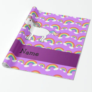 Personalised name rainbow unicorn purple rainbows wrapping paper