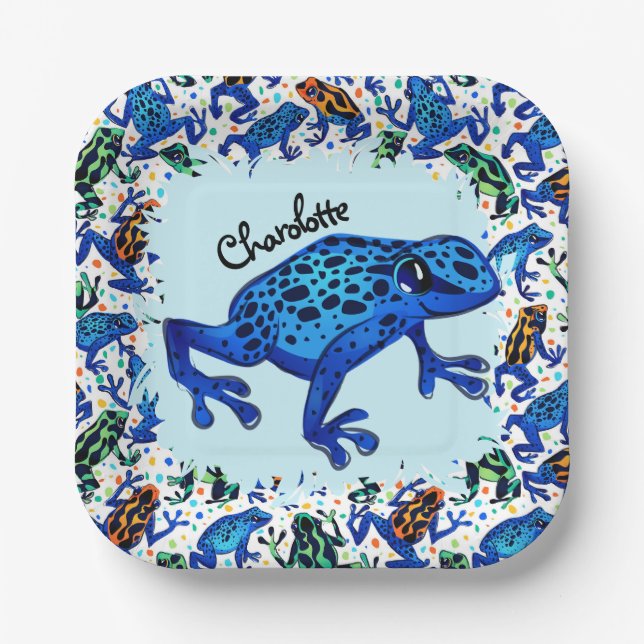 Personalised Name Rainforest Frogs Square Plates (Front)