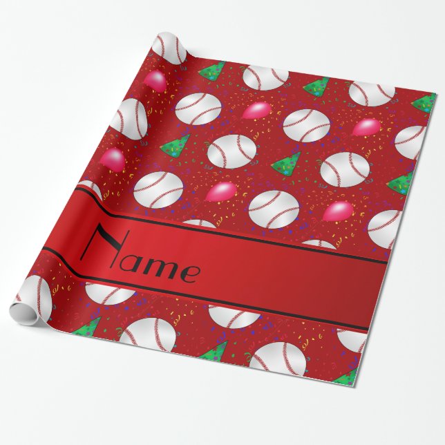 Personalised name red baseball birthday pattern wrapping paper (Unrolled)