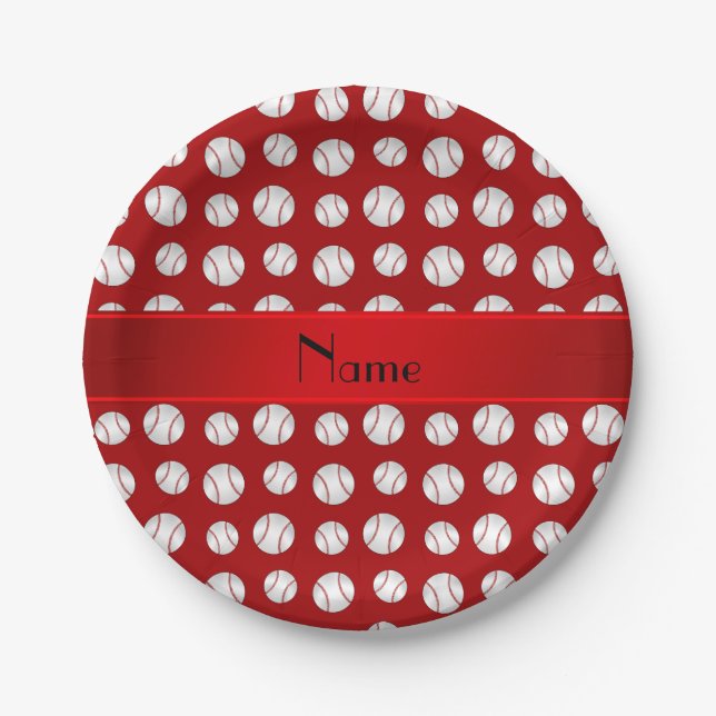 Personalised name red baseballs pattern paper plate (Front)