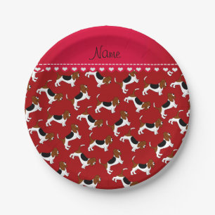 Personalised name red basset hound dogs paper plate